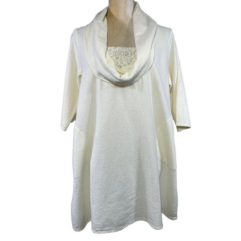 Drawstrings of Malibu Ivory 100% Cotton Cowl Neck Blouse with Lace Insert